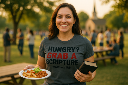 Lifestyle photo of a woman wearing a fitted charcoal gray t-shirt with bold text that says “HUNGRY? GRAB A SCRIPTURE” in black and red, with a Bible verse from Matthew 5:6 printed underneath. She’s standing outdoors at a church picnic or community event, smiling while holding a plate of food or a Bible. Urban or park setting, warm lighting, faith-based and empowering vibe. Casual but confident look.